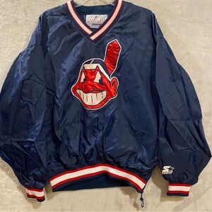 Cleveland Indians Jacket Men’s Blue Vneck Pullover Starter Chief Wahoo Embroiled